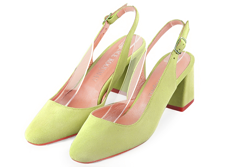 Pistachio green women's slingback shoes. Round toe. Medium flare heels. Front view - Florence KOOIJMAN